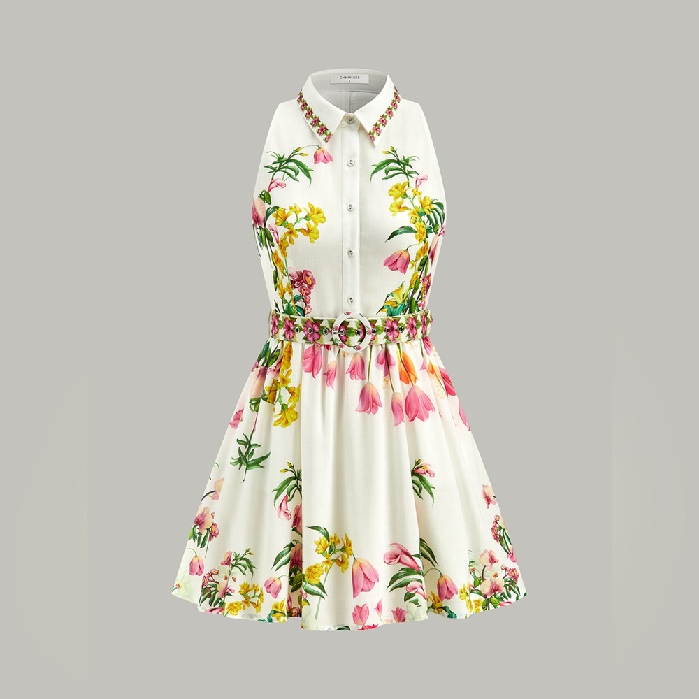 Commense White Halter Mini Dress with Pink & Yellow Floral Print - Picture 3 of 5